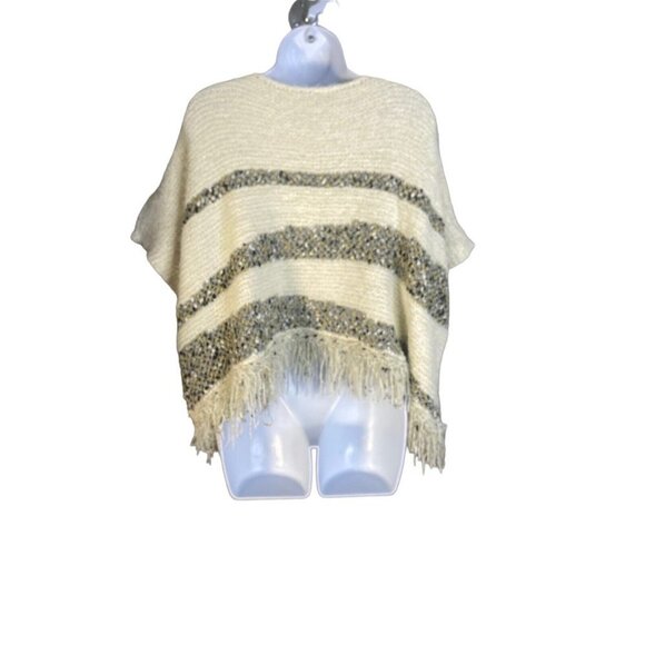 Anthropologie Moth Womens Crewneck Metallic Fringe Poncho Sweater Oversize Sz M - Picture 3 of 7